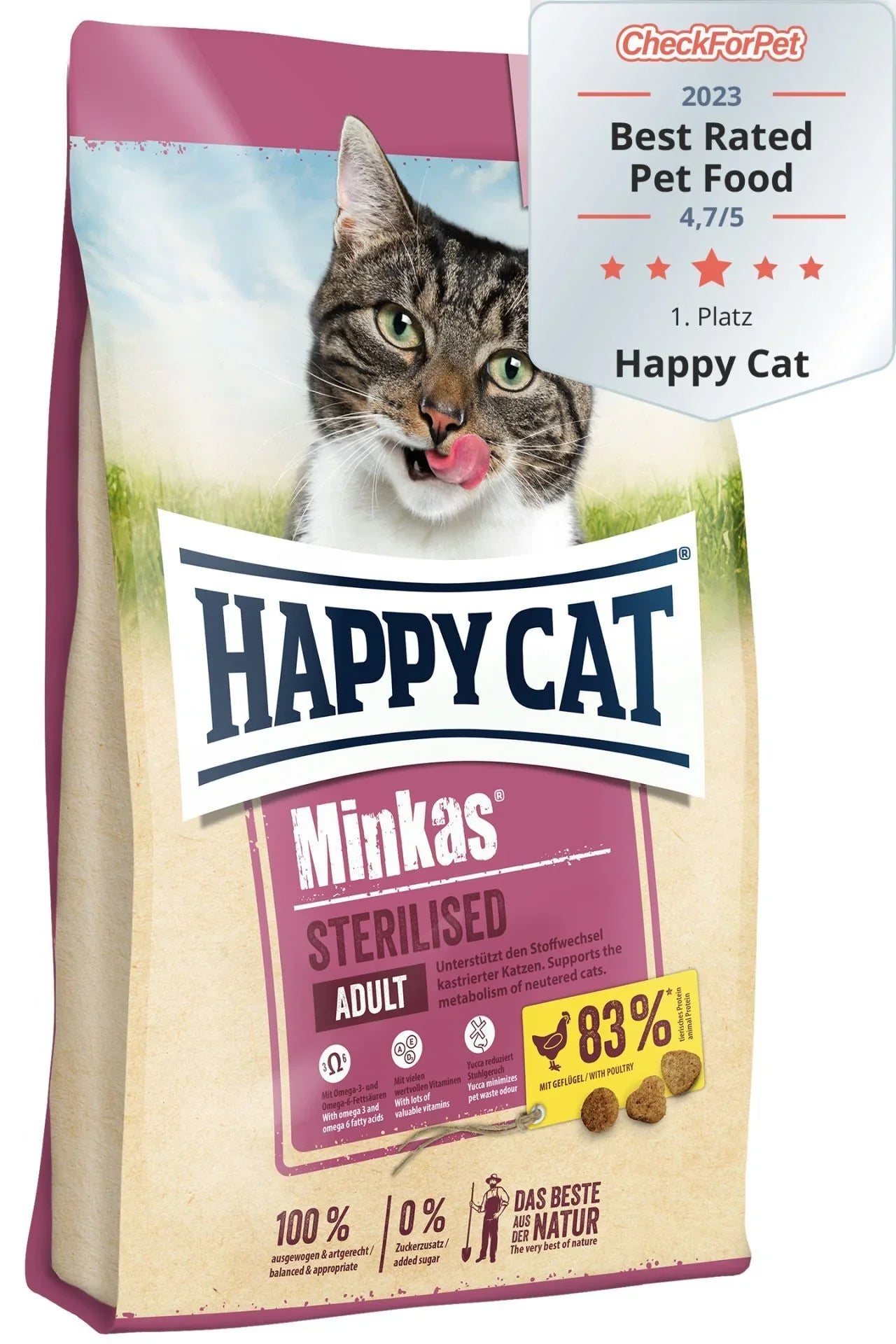 Hrana uscată Happy Cat Minkas Sterilised pentru pisici adulte, cu pui, 83% proteine animale, fără zahar adăugat