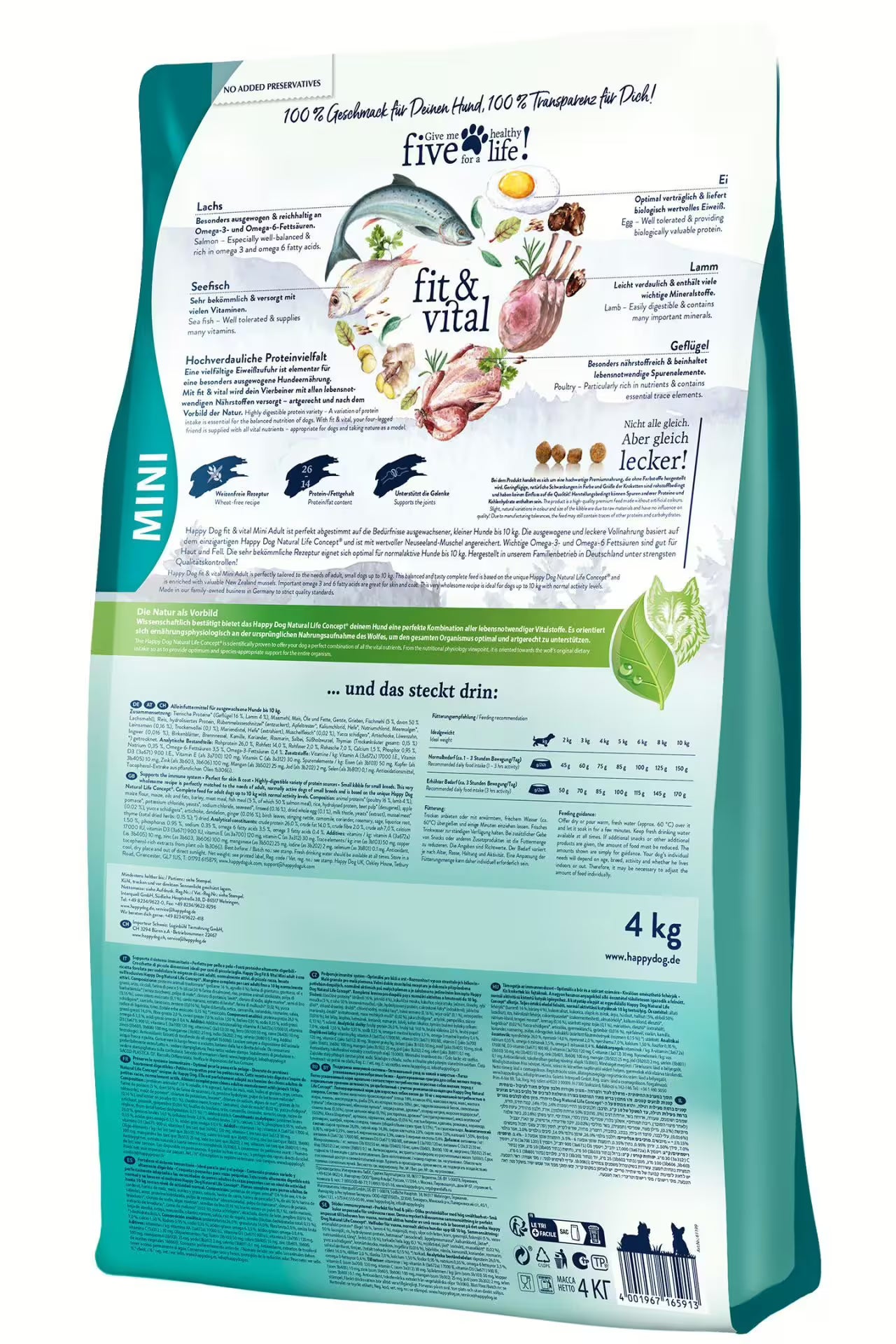 Ingrediente naturale Happy Dog Fit & Vital Mini Adult – somon, miel și ierburi