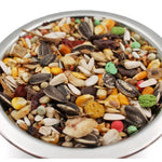 Close-up of mixed bird seed and dried fruits in a silver bowl, including sunflower seeds and corn