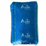 Blue Aller Aqua bag with logo, website URL, and slogan Let's Grow Together, fish feed packaging