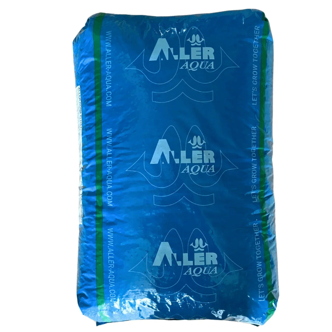Blue Aller Aqua fish feed bag with green stripe and logo, website URL, and slogan Let's Grow Together