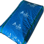 Blue Aller Aqua fish feed bag with logo and green stripes on white background