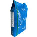 Blue 20kg Aller Aqua fish feed bag with green stripe and white label on white background