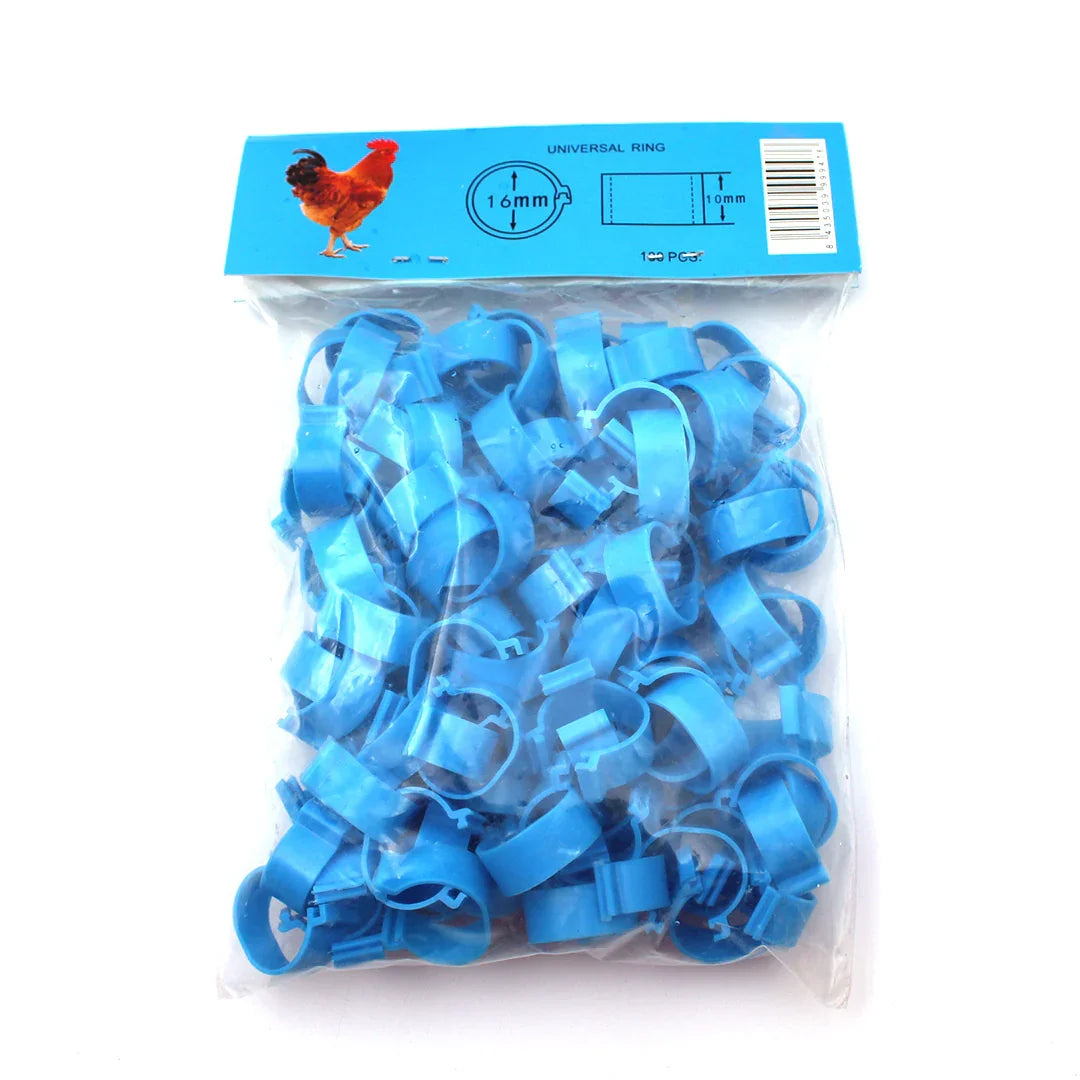 Bag of blue universal chicken leg rings 16mm for poultry identification