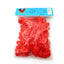 Pack of red plastic chicken leg bands with 16mm diameter in clear bag with blue label