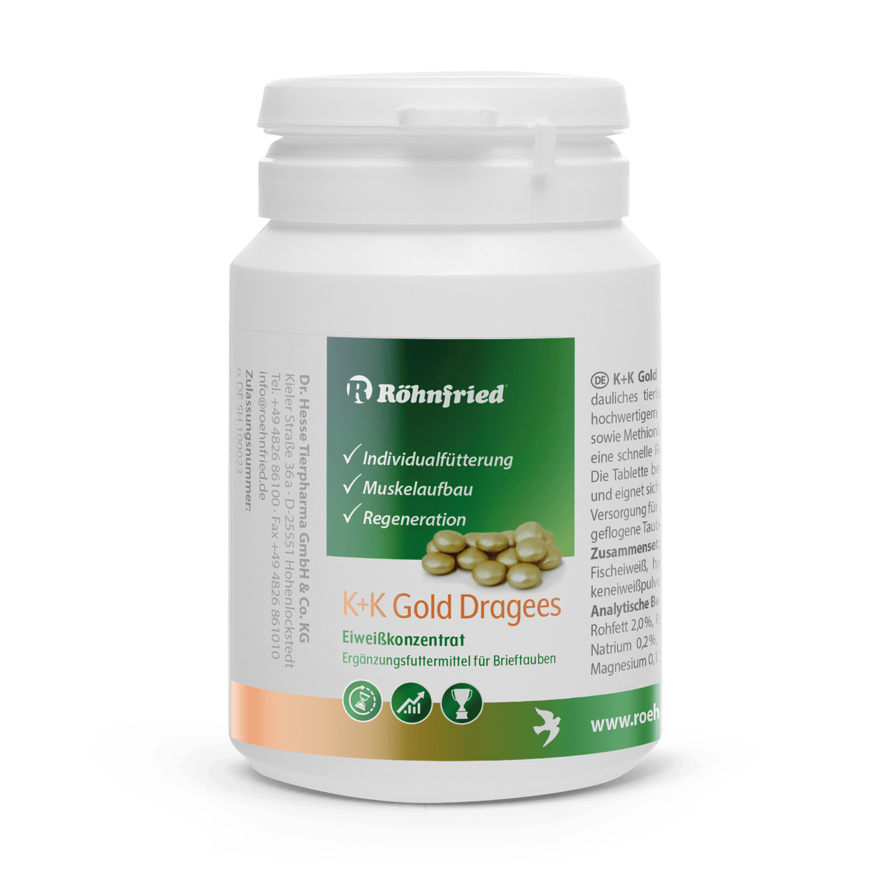 Röhnfried K+K Gold Dragees supplement bottle for pigeons with protein concentrate and muscle building features