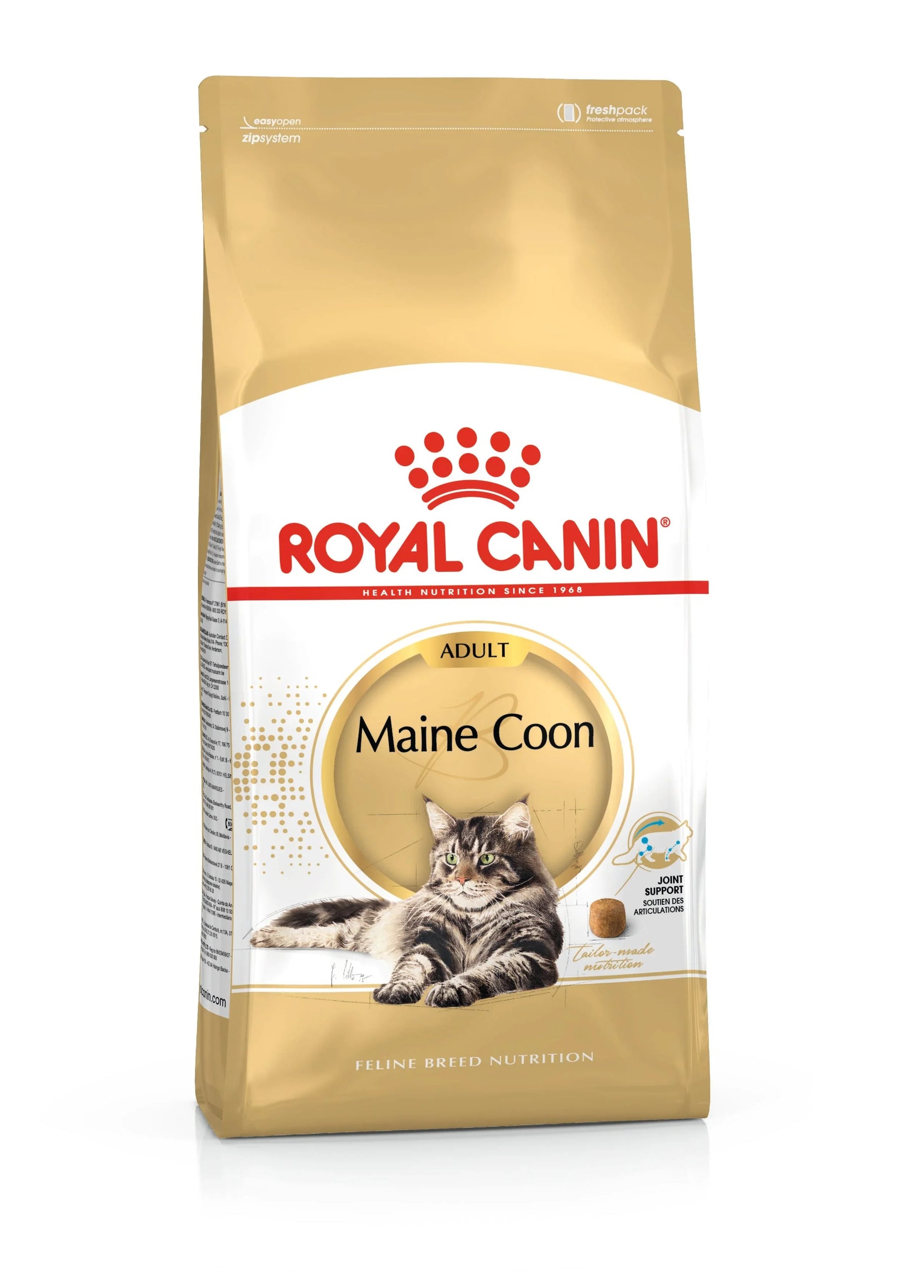 Royal Canin Maine Coon Adult cat food bag with image of Maine Coon cat and joint support icon