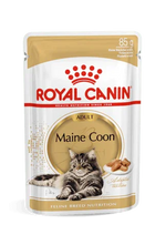 Royal Canin Maine Coon adult cat food pouch with image of a relaxed adult Maine Coon cat
