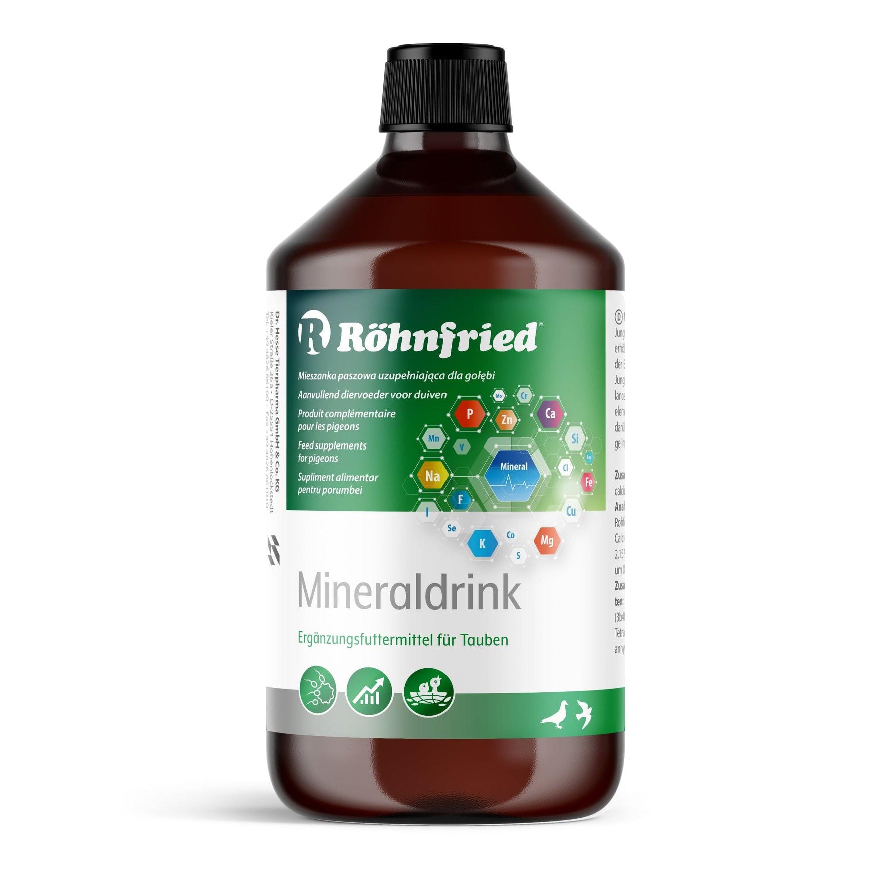 Röhnfried Mineraldrink feed supplement bottle for pigeons with mineral elements graphics