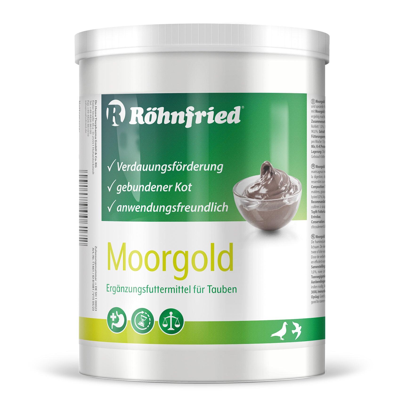 White container of Röhnfried Moorgold pigeon supplement with green label and brown paste illustration