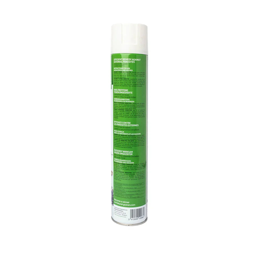 Green aerosol spray can labeled as efficient remedy against external parasites with multi-language instructions