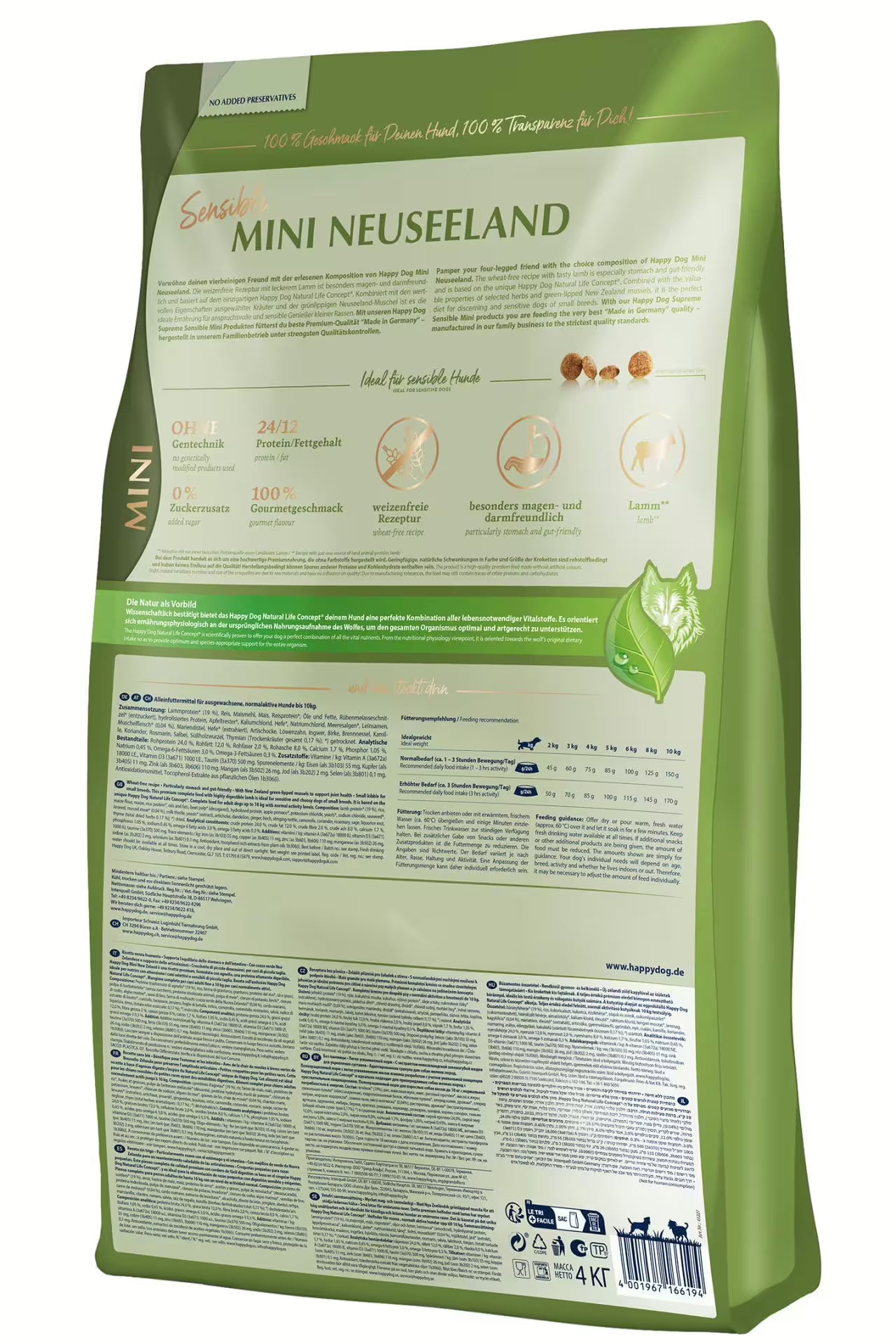 Hrana uscată pentru câini sensibili Happy Dog Mini Neuseeland cu miel, fără gluten, fără conservanți, ideală pentru stomac sensibil