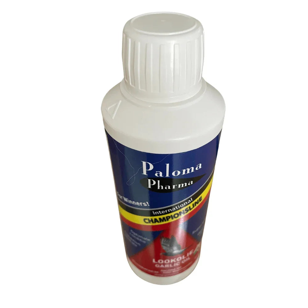 White plastic bottle of Paloma Pharma Lookol Plus garlic oil supplement with blue, yellow, and red label