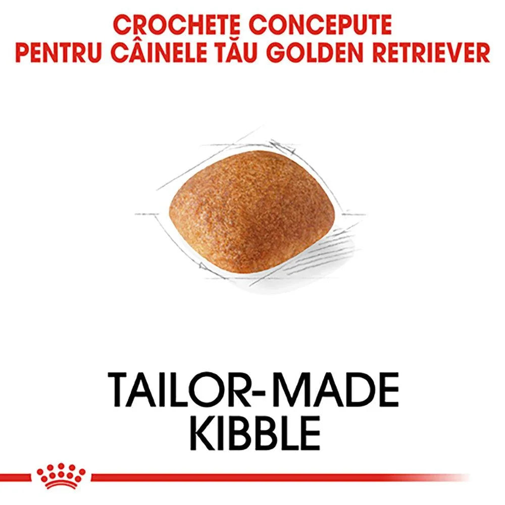 Tailor-made kibble designed for Golden Retriever dogs featuring a close-up of a single kibble piece