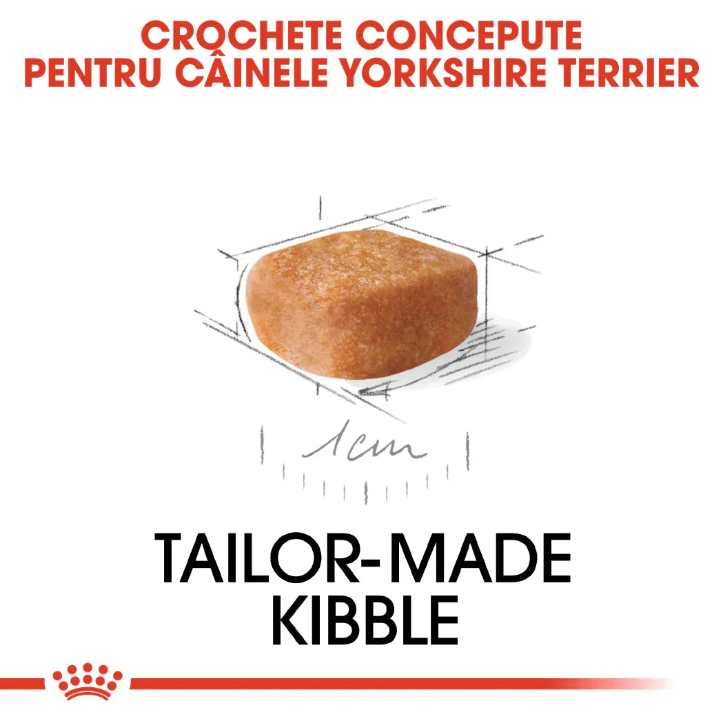 Tailor-made 1cm kibble designed for Yorkshire Terrier dogs with schematic sketch