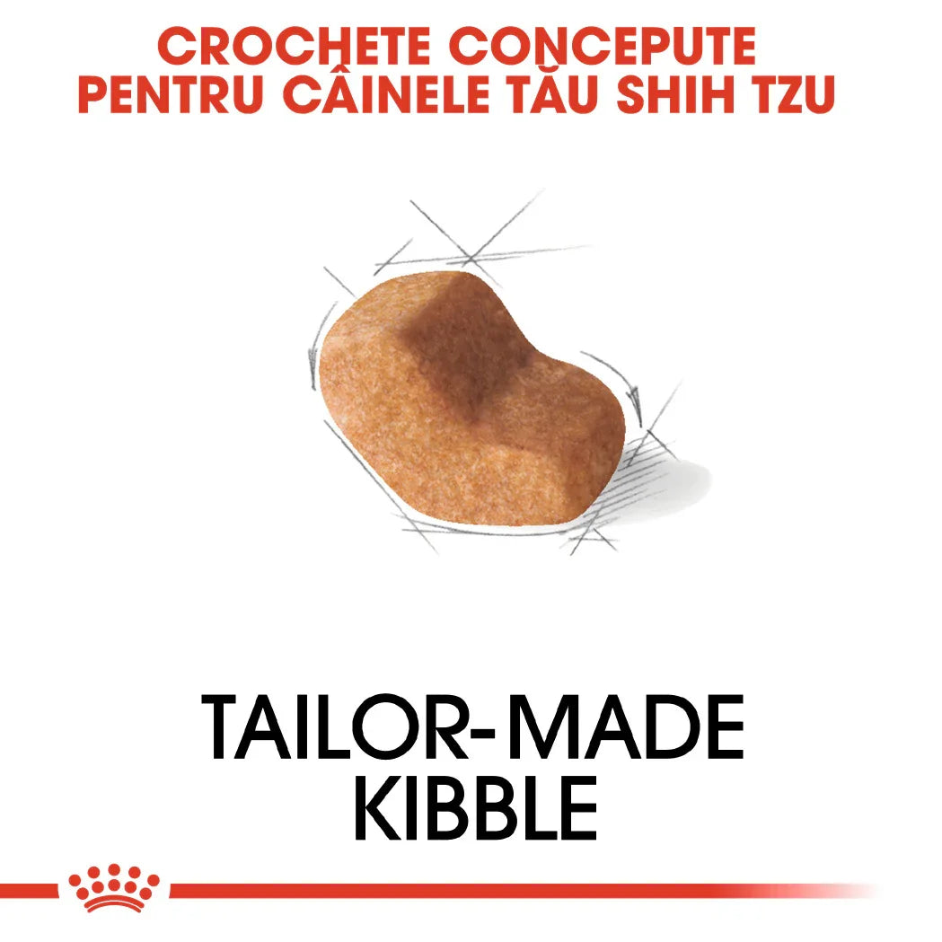 Tailor-made kibble designed for Shih Tzu dogs, with a uniquely shaped brown piece