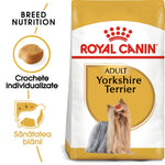 Royal Canin adult Yorkshire Terrier dog food packaging with kibble and coat health illustration