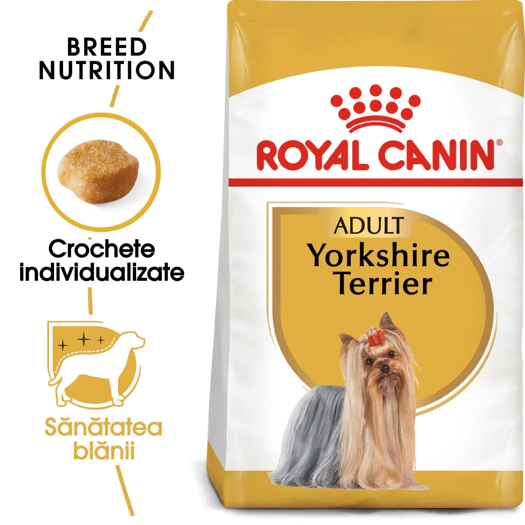 Royal Canin adult Yorkshire Terrier dog food packaging with kibble and coat health illustration