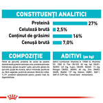 Analytical constituents and composition of pet food including protein 27%, fat 16%, fiber 2.5%, minerals 7% with vitamins and minerals additives listed