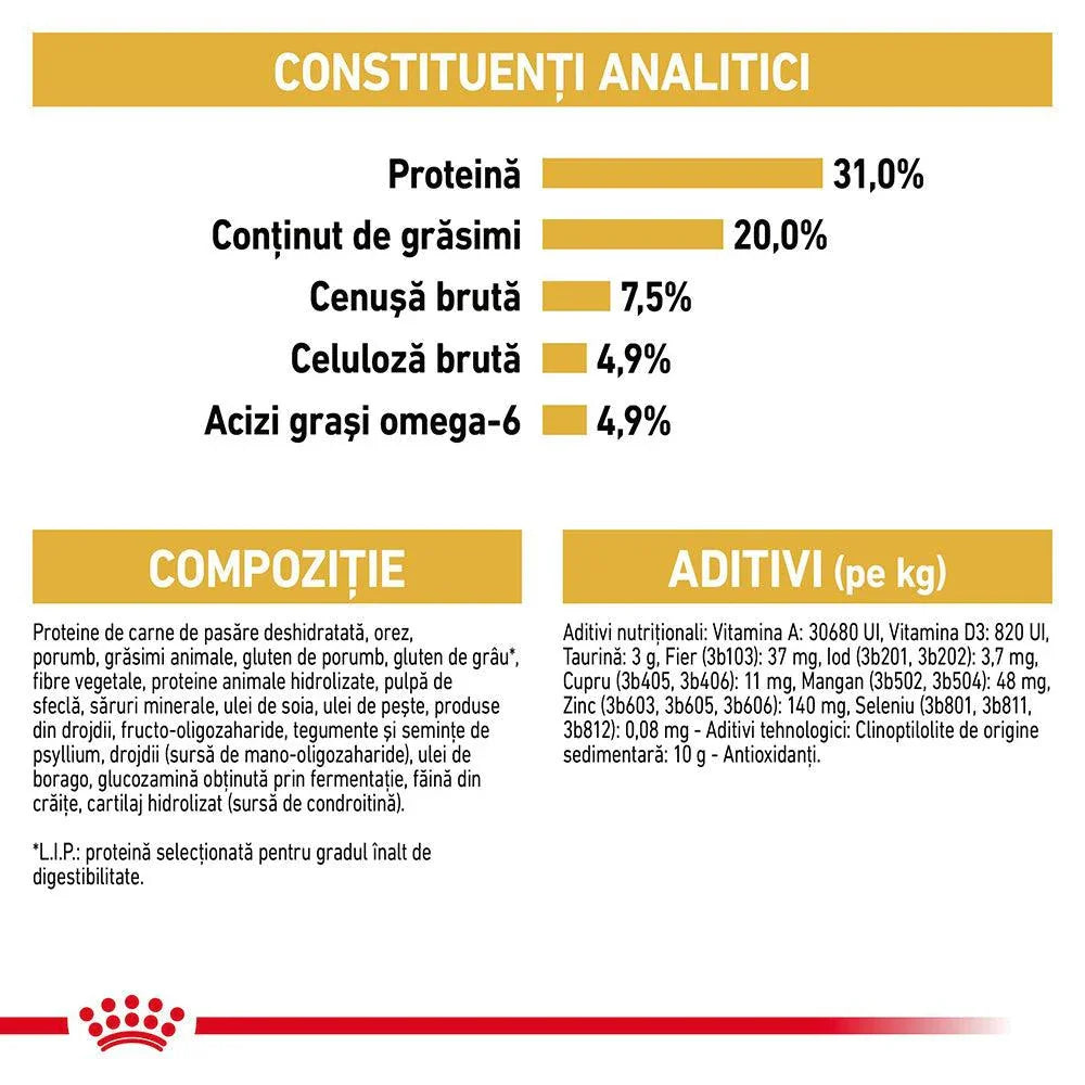Romanian cat food label detailing analytical constituents, composition, and additives per kg