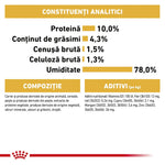 Nutritional analysis and ingredients composition chart for pet food in Romanian with protein, fat, ash, fiber, and moisture percentages