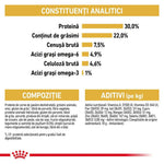 Analytical constituents table in Romanian showing protein 30%, fat content 22%, crude ash 7.5%, omega-6 4.9%, crude fiber 4.6%, omega-3 1%
