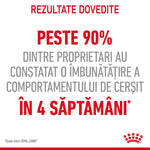 Romanian text claiming over 90% of owners saw improved begging behavior in 4 weeks, Royal Canin logo