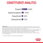 Analytical constituents chart showing protein 34%, fat content 12%, crude ash 8.2%, crude fiber 9.2% in pet food