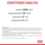 Analytical constituents chart showing protein 30%, fat content 15%, crude ash 7.1%, and crude fiber 5.3% in pet food