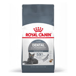 Royal Canin Dental cat food bag featuring gray cat and dental plaque reduction claims
