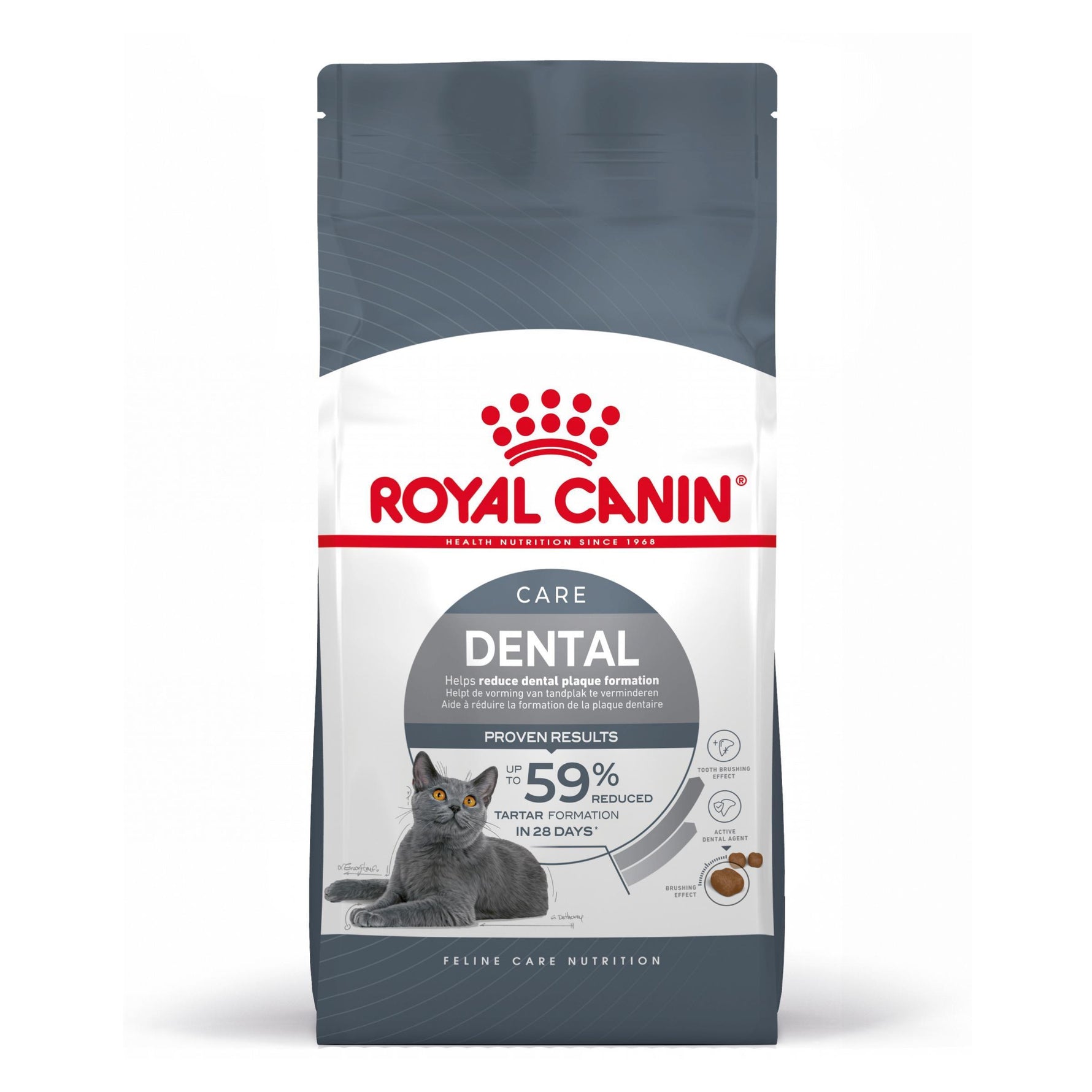 Royal Canin Dental cat food bag featuring gray cat and dental plaque reduction claims