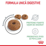 Three round digestive care pet kibbles with text on unique digestive formula and prebiotics in Romanian