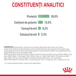 Nutritional analysis in Romanian showing protein 38%, fat 15%, crude ash 8.2%, crude fiber 3.3% with Royal Canin logo