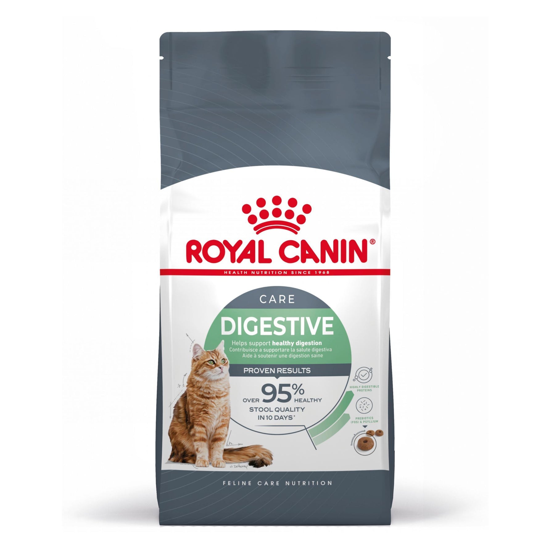 Royal Canin Digestive Care cat food bag with orange tabby cat image and healthy digestion benefits