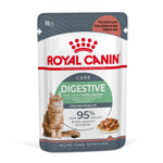 Royal Canin Digestive Care cat food pouch with orange tabby cat image and gravy slices