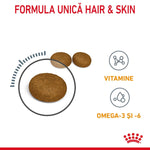 Three brown pet supplement tablets for hair and skin with vitamins and omega-3 and omega-6 icons