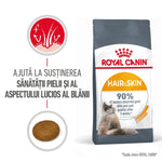 Royal Canin Hair & Skin cat food packaging with a long-haired cat and skin health benefits