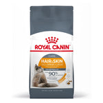 Royal Canin Hair & Skin cat food bag with long-haired cat, supports healthy skin and shiny coat
