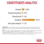 Analytical constituents chart showing protein 12%, fat 3.7%, crude ash 1.6%, moisture 77.5%, omega-6 fatty acids 1.1%