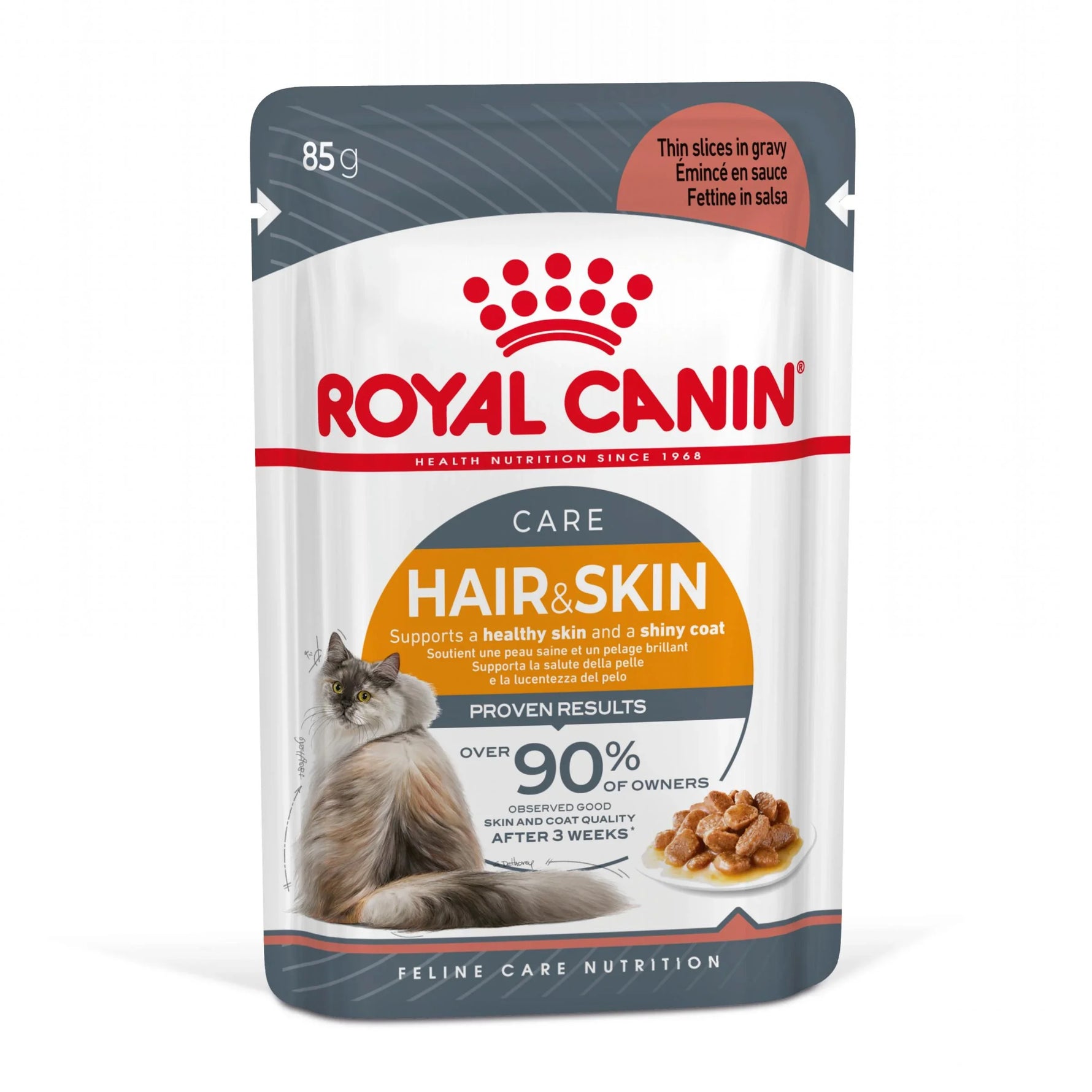 Royal Canin Hair & Skin care wet cat food pouch with healthy skin and shiny coat support