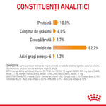 Romanian pet food nutritional analysis showing protein 10%, fat 4%, moisture 82%, omega-6 fatty acids 1.2%