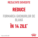 Text in Romanian about reducing hairball formation in 14 days with Royal Canin study