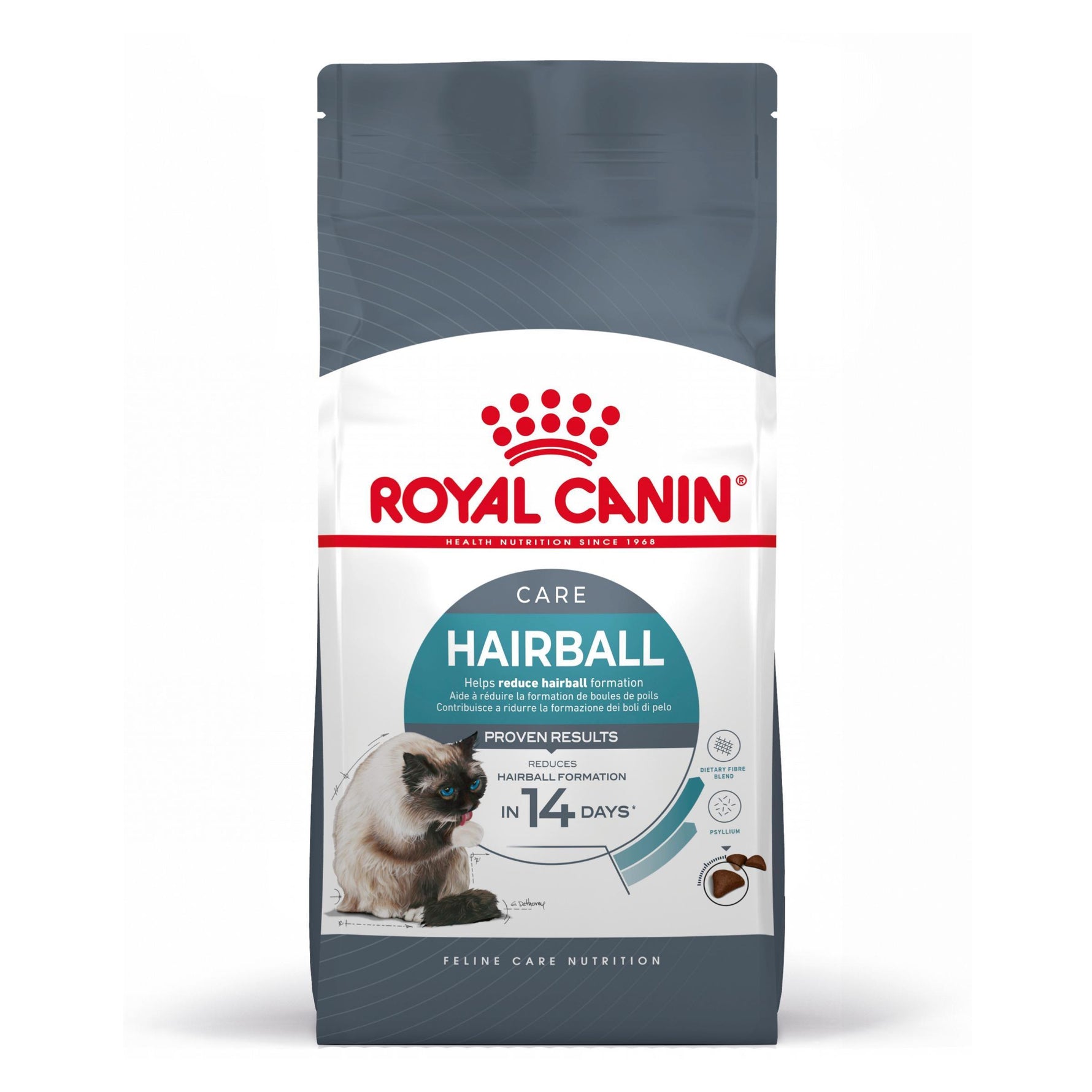 Royal Canin Hairball Care cat food bag with Siamese cat image, reducing hairball formation in 14 days