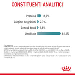 Analytical constituents chart showing protein 11%, fat 2.7%, crude ash 1.8%, moisture 81.1% in pet food