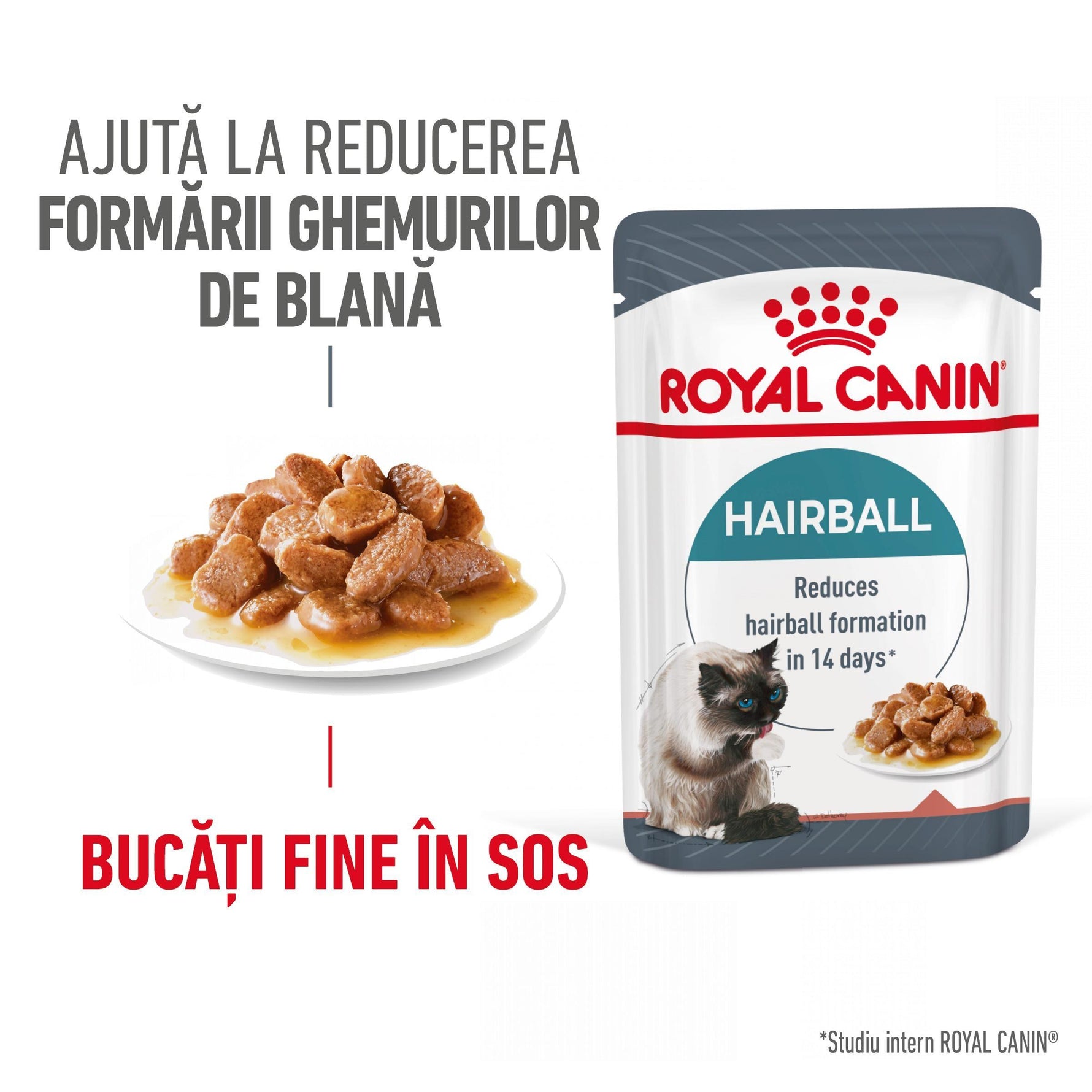 Royal Canin Hairball cat food pouch with wet food chunks in sauce reducing hairball formation