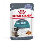 Royal Canin Hairball Care cat food pouch with image of cat and food, reduces hairball formation