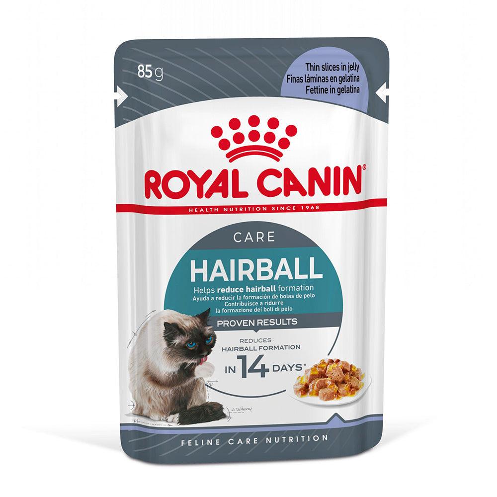 Royal Canin Hairball Care cat food pouch with image of cat and food, reduces hairball formation