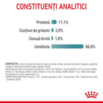 Analytical constituents chart showing protein 11.1%, fat 3.0%, crude ash 1.8%, moisture 80.8% in Romanian