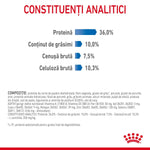 Analytical constituents chart with protein 36%, fat 10%, crude ash 7.5%, and crude fiber 10.3% in Romanian