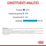 Analytic constituents of pet food showing protein 9.2%, fat 3.0%, crude ash 1.6%, moisture 81.7% with Royal Canin logo